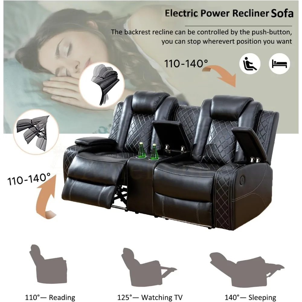 Conjunto de sofá reclinável de couro multifuncional Power Air, sofá reclinável com luzes LED, loveseat, cadeira com porta USB/armazenamento