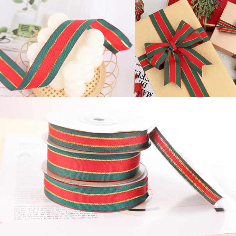 Classic Red Green Ribbons Gold Lace Polyester Grosgrain Ribbon Christmas Gift Packaging Supplies DIY Crafts Handmade Material