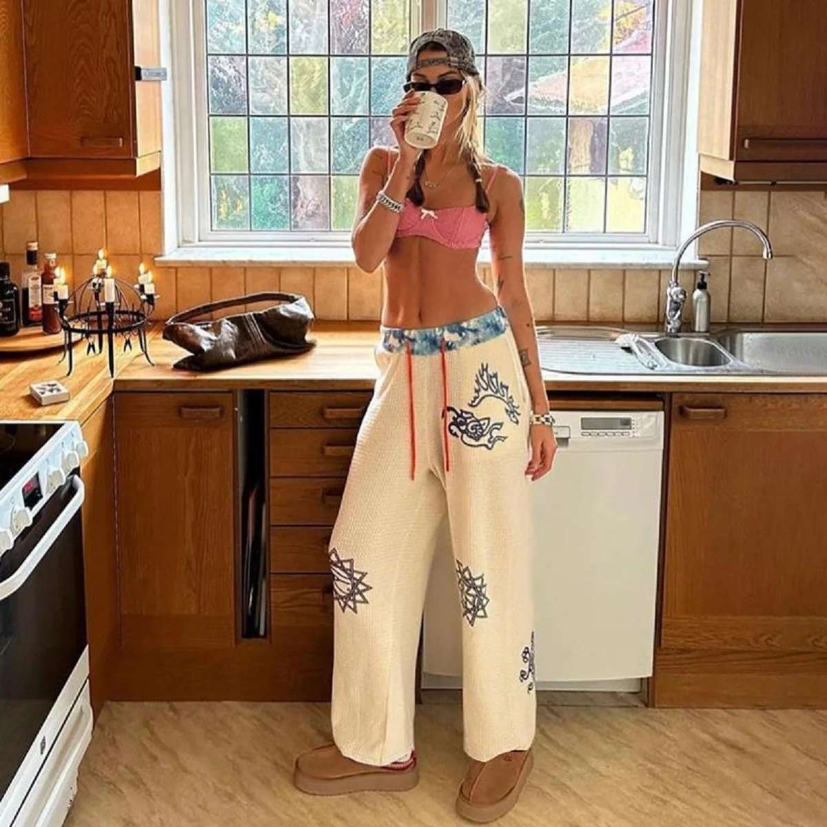 

American Retro Printed Contrasting Casual Pants Women Spring Autumn New Niche Design Street Loose Slim Versatile Trousers