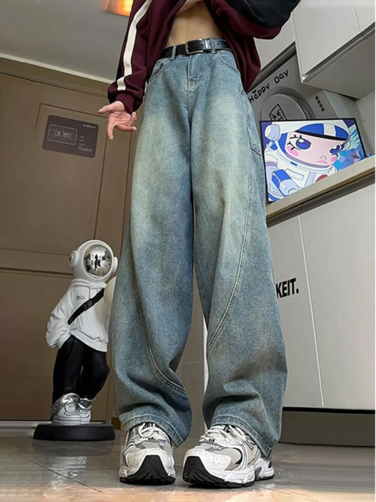 

Retro Blue Knife Straight Leg Men's Jeans High Street Fashion High Waist Denim Pants Youthful Wear Resistant Straight Cut Tro...