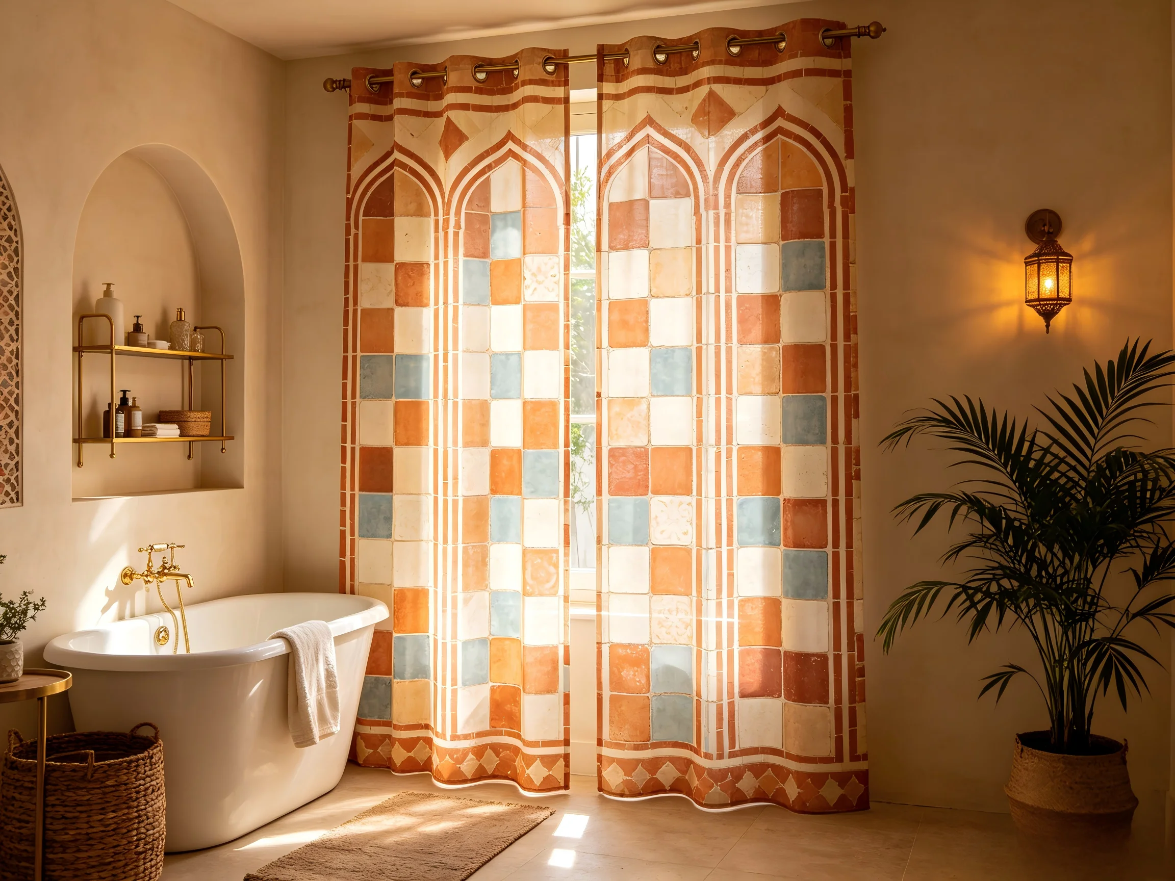 200109   Clay colored Moroccan tile pattern waterproof gauze curtain