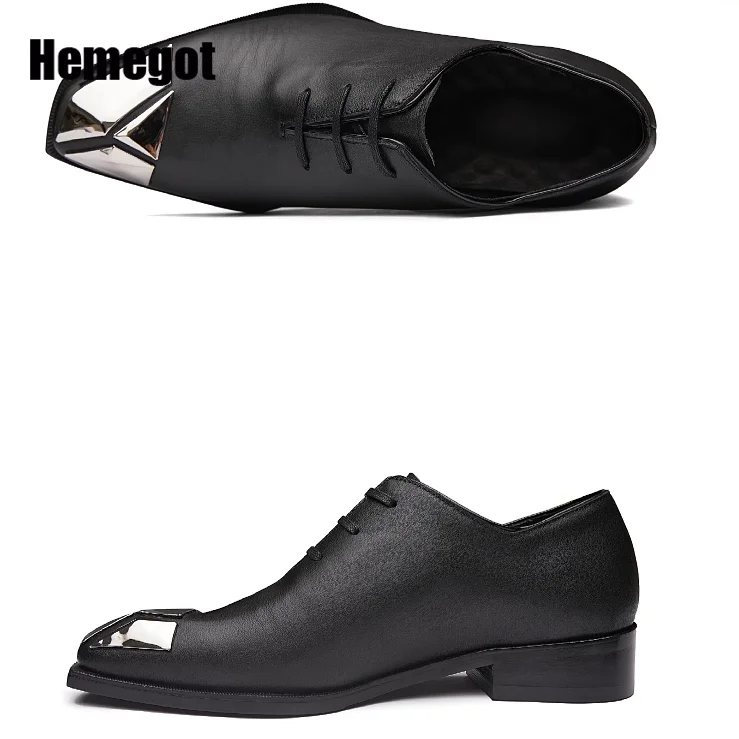 Black Cowhide Derby Shoes Metal Toe Lace Up Men\'s Shoes Leather Square Toe Business Dress Shoes Men\'s High Quality Men\'s Shoes