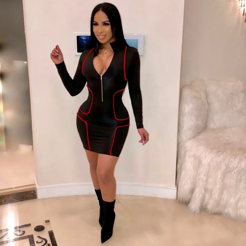 2018Winter Amazon Standard Size Europe and America Cross Border Hot FashionVWomen's Collar Midi Dress Sexy One-Piece Dress