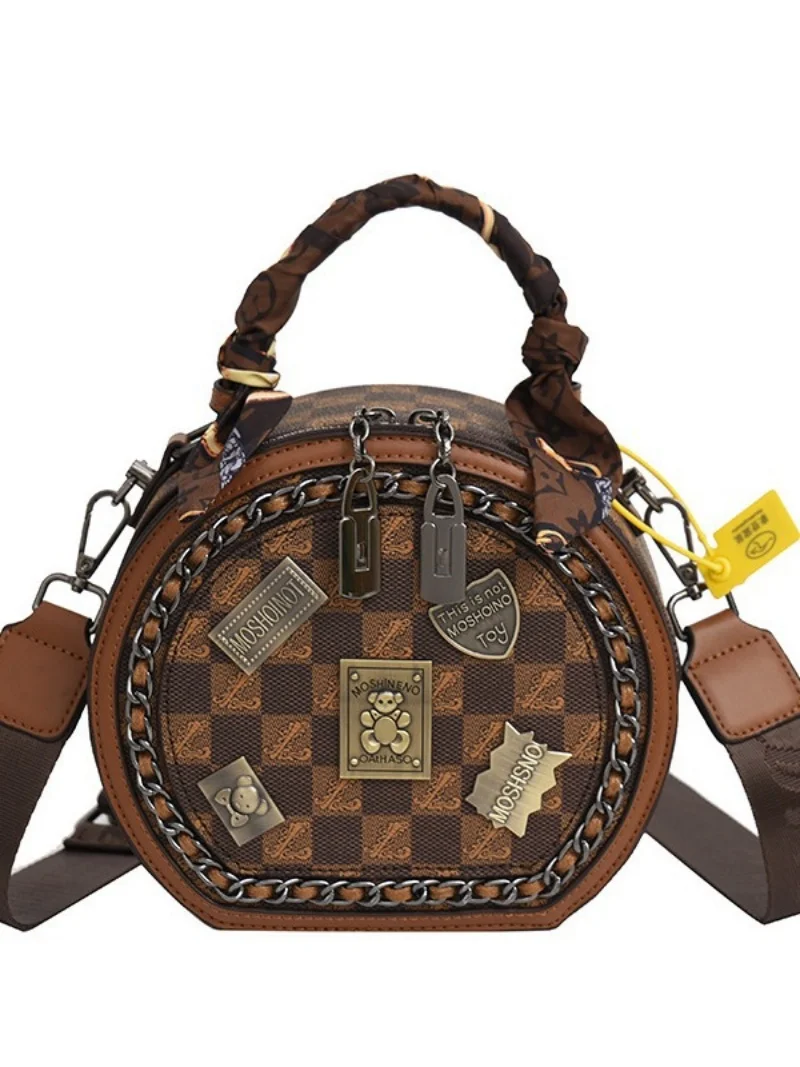 

Circular Badge Crossbody Bags For Women High Grade Wide Strap Scarves Leather Designer Shoulder Bag Fashion Chic New In Handbag