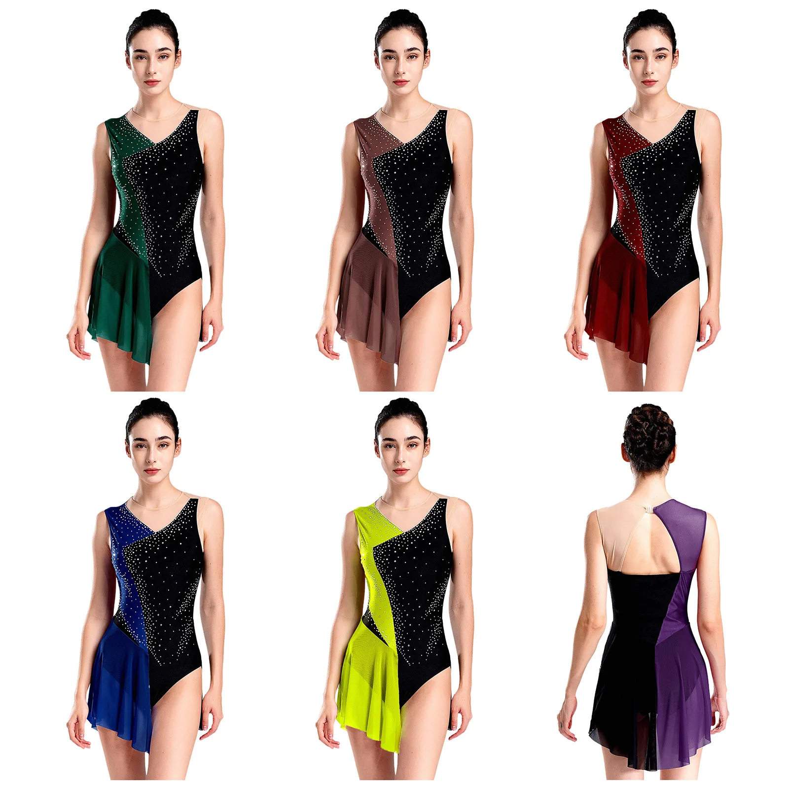 Women Figure Skating Gymnastic Dance Dresses Ballet Dance Shiny Rhinestones Sleeveless Leotard Patchwork Sheer Mesh Skirts Dress