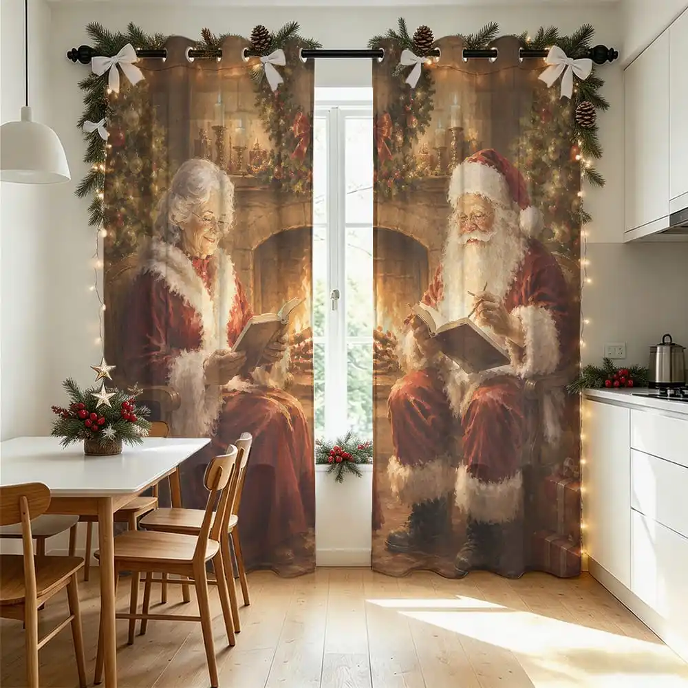 2pcs Christmas Santa And Mrs Claus Fireplace Pattern Curtains Perforated Light Blocking Window Drapes for Living Room Bedroom