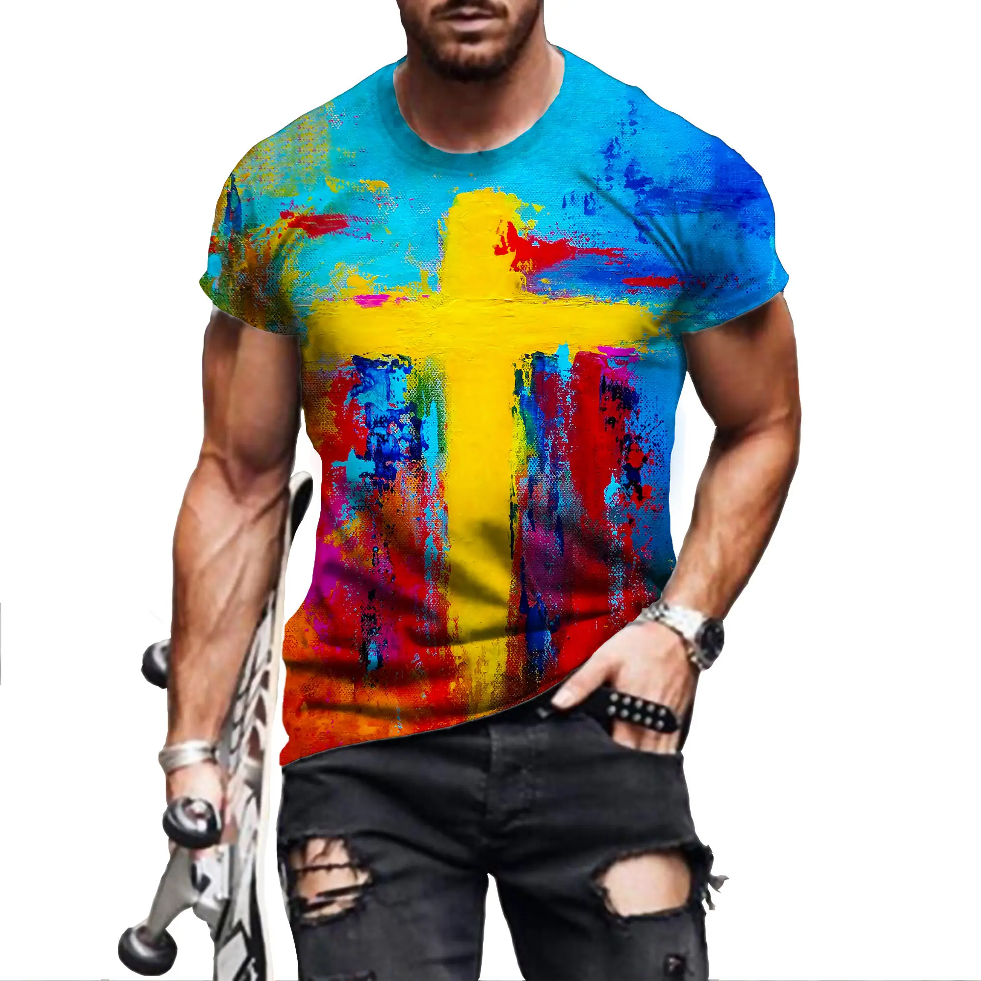 

Personality Vibrant and Vibrant Colored Christian Cross T Shirt For Mens Print Short Sleeve Top 3D Casual Street Man's T-shirt T