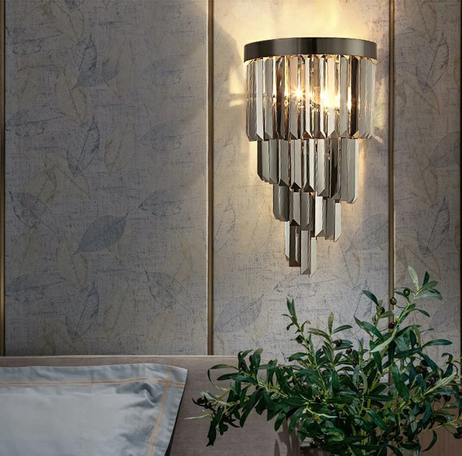 

Modern Led Wall Sconce Light Crystal Wall Lights Fixtures For Bedroom Living Room Luxury Smoky Gray Indoor Home Lamps