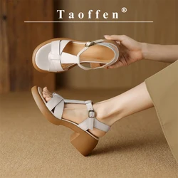 Taoffen Genuine Leather Women Gladiator Sandals Retro T-Tied Chunky Heel Summer Causal Shoes Buckle Strap Ladies Shoes 2024 New