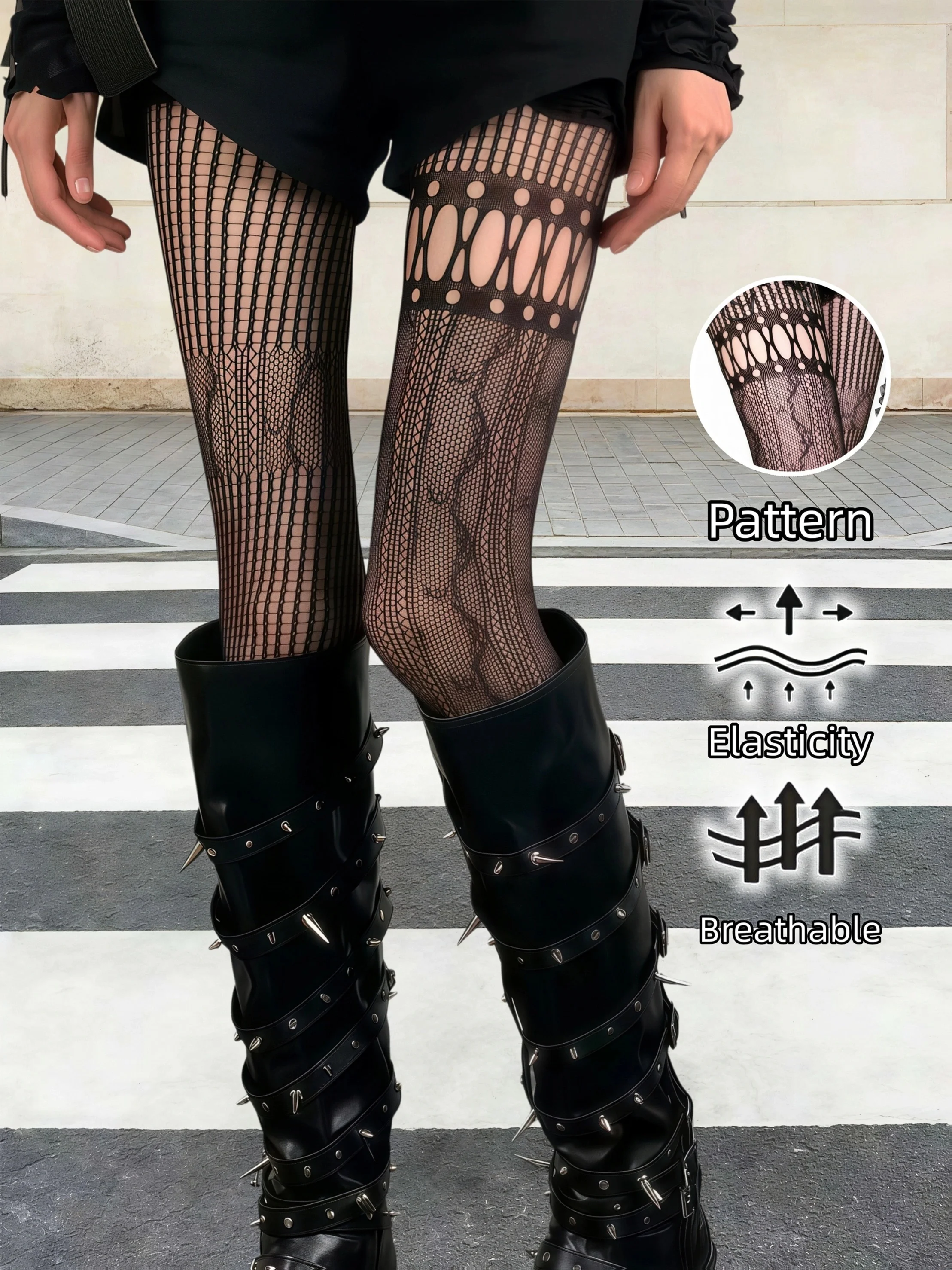 1Pc Black Asymmetric High Waist Fishnet Tights Elastic Gothic Sweet Cool Ladies Mesh Stockings for Daily Shopping Party