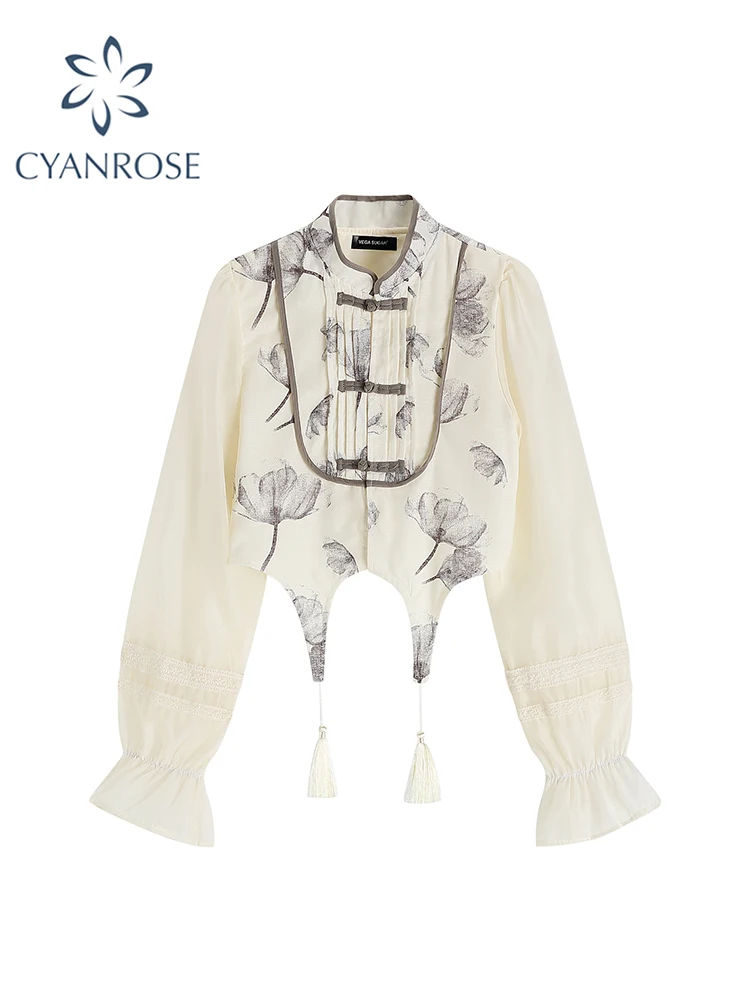 Damskie koszule i bluzki Harajuku Elegancka moda Vintage Długi rękaw Chiński styl Szykowny nadruk Koszula Topy Odzież Letnia Top