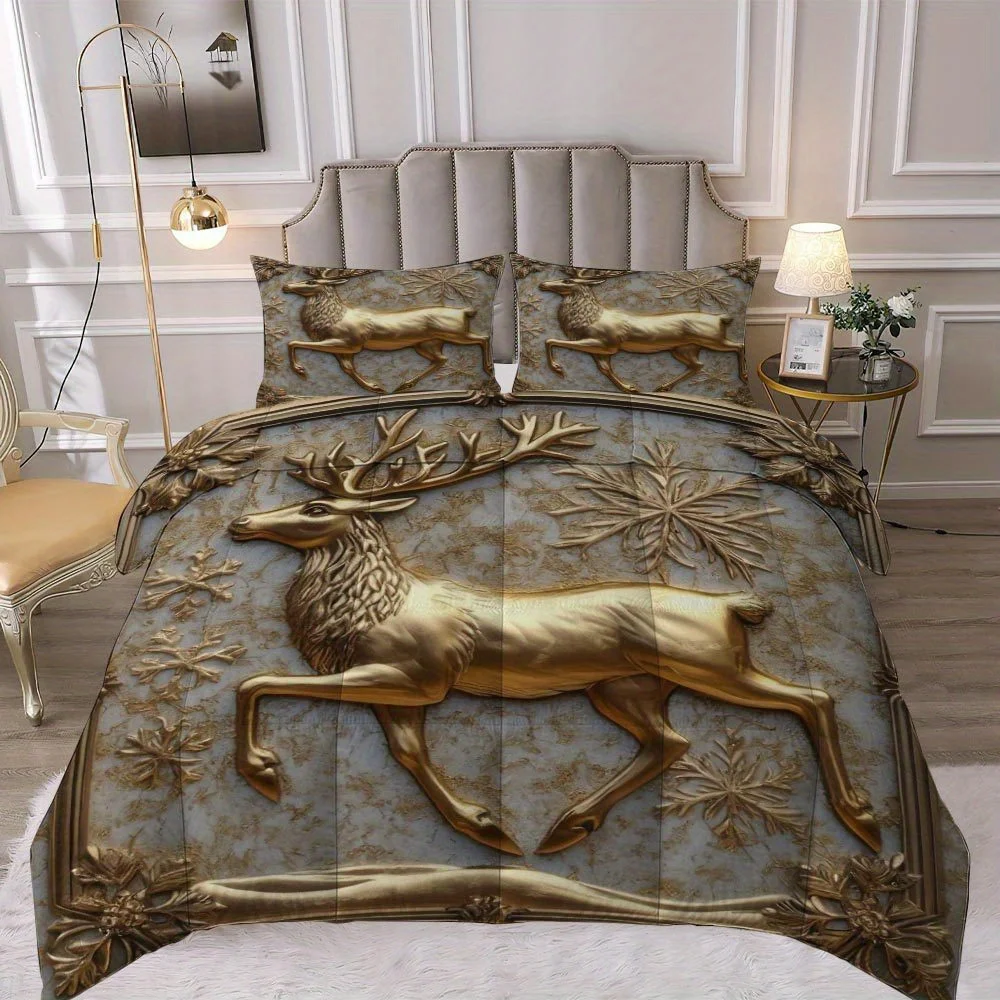 

Latacaca, комплект из 3 предметов рождественской тематики, толстое одеяло с золотым оленем, праздничное и теплое одеяло, комплект постельного белья, 1 пододеяльник