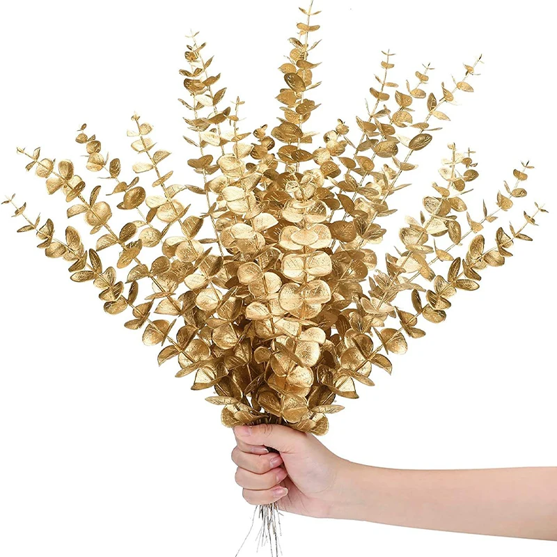 36Pcs Artificial Golden Eucalyptus Flower Branch Stem Simulation Plastic Fake Plant Leaves Home Wedding Flower Arrangement Decor