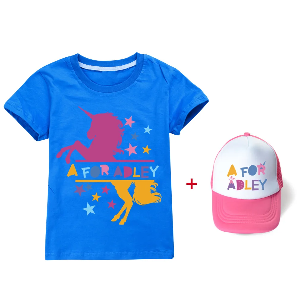 

Футболка A for Adley, детская одежда, летняя футболка для маленьких мальчиков, одежда для девочек-подростков, хлопковые футболки, детские топы с круглым вырезом и короткими рукавами + кепка