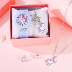 5Pcs Ladies Little Fresh Jelly Unicorn Middle And High School Designer Silica Gel Band Quartz Watch Purple Unicorn Jewelry Set