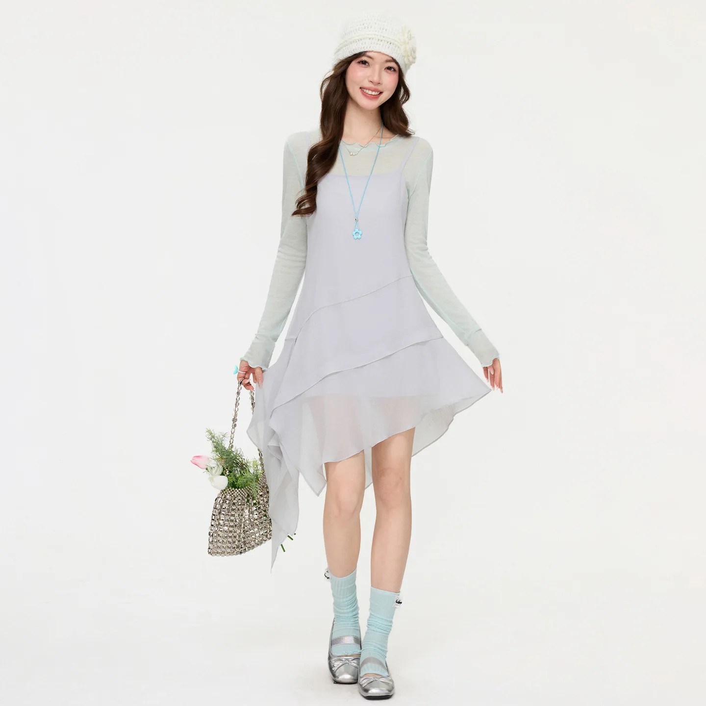 

2026 Spring Summer Grey Irregular Cami Midi Dress Sleeveless Layered Outerwear Casual Long Tank Dress for Women