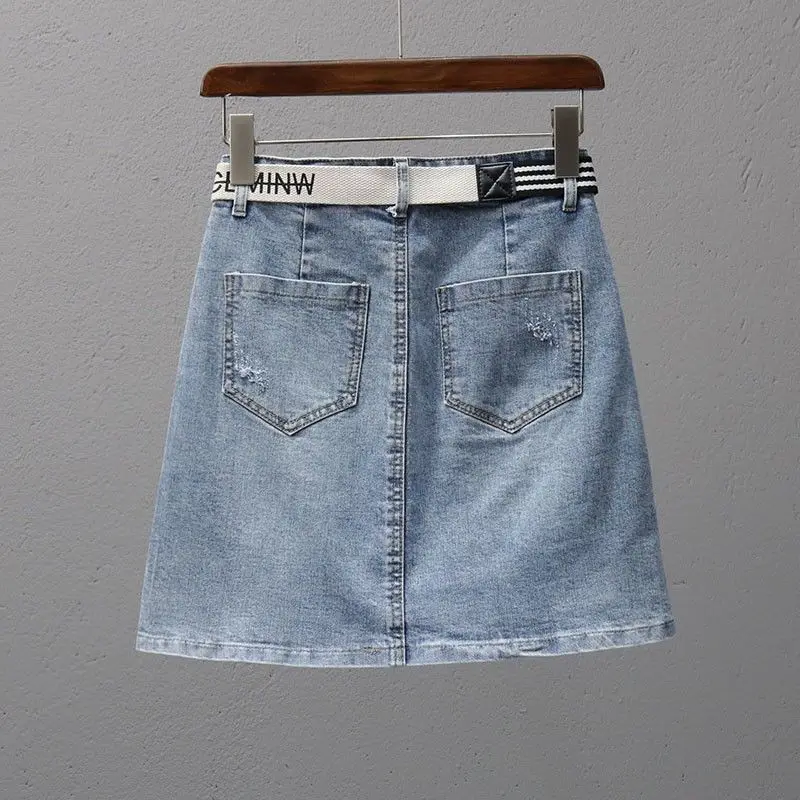 Anti-exposure denim skirt female 2024 summer A-shaped short skirt high waist Joker fashion casual pocket slim skirt