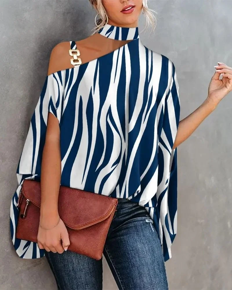 Street Sle Faionable Printed irt Women's Ne Hanging Batwing Sve Ladies' Blouse Spring Summer Autumn Polyester Cott...