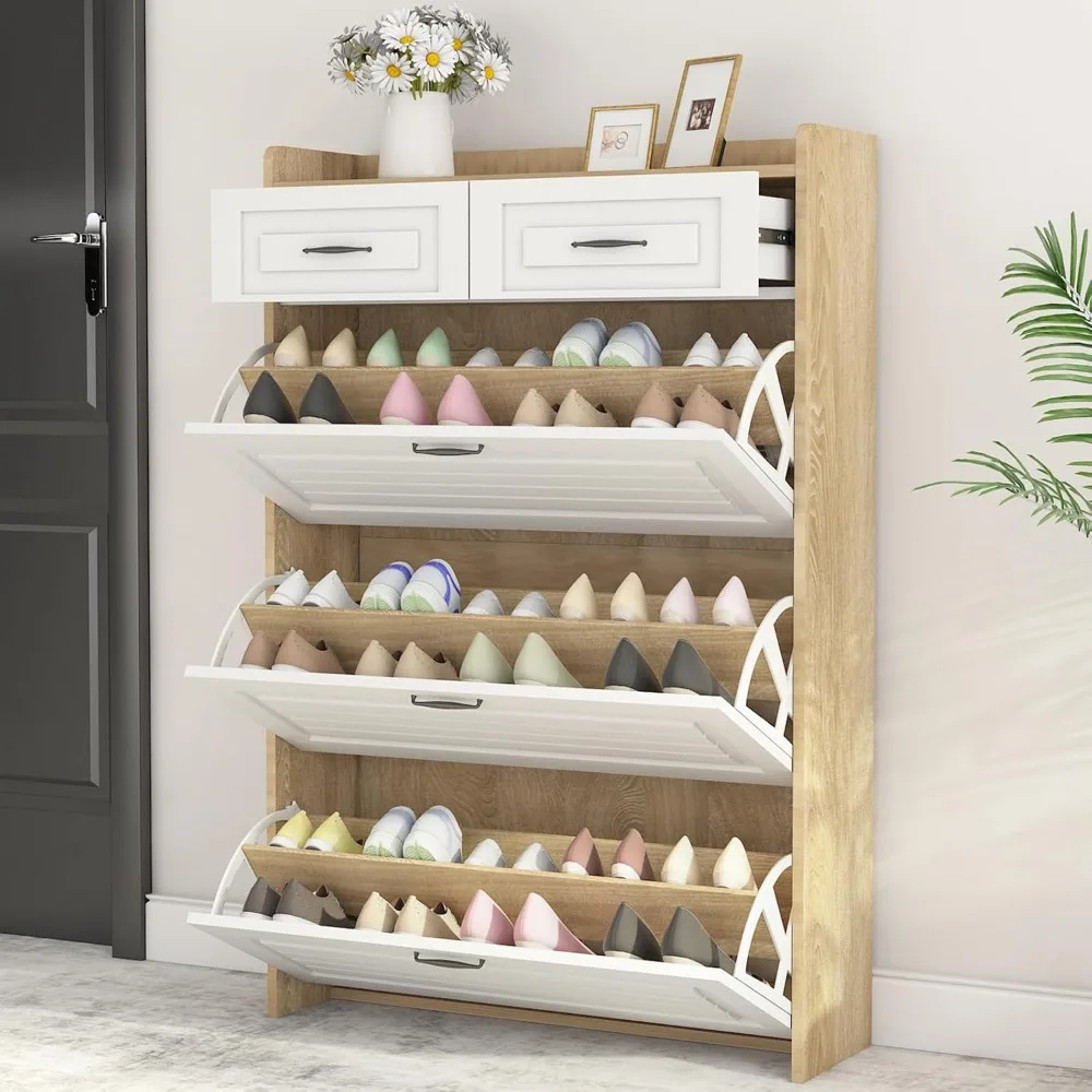 Shoe Cabinet with 3 Doors for Entryway Slim, Modern Shoe Storage Cabinet with 2 Drawers, Shoe Organizer for Entryway,Living Room