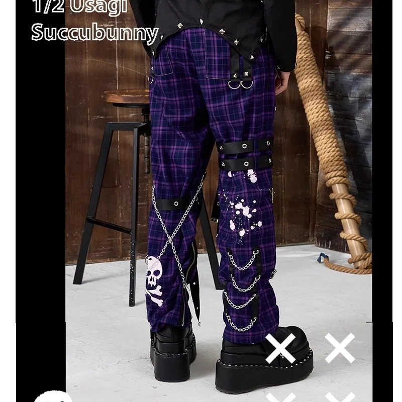 Y2k Punk Kill Matt Rock pantaloni con cinturino a catena in stile gotico per uomo pantaloni Graffiti con motivo a teschio pantaloni a gamba dritta