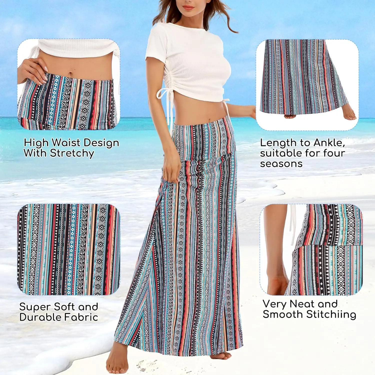 Luxy Trio Gonne lunghe da donna Abiti alla moda Gonna lunga a vita alta Gonna casual svasata elastica a fiori per ragazze