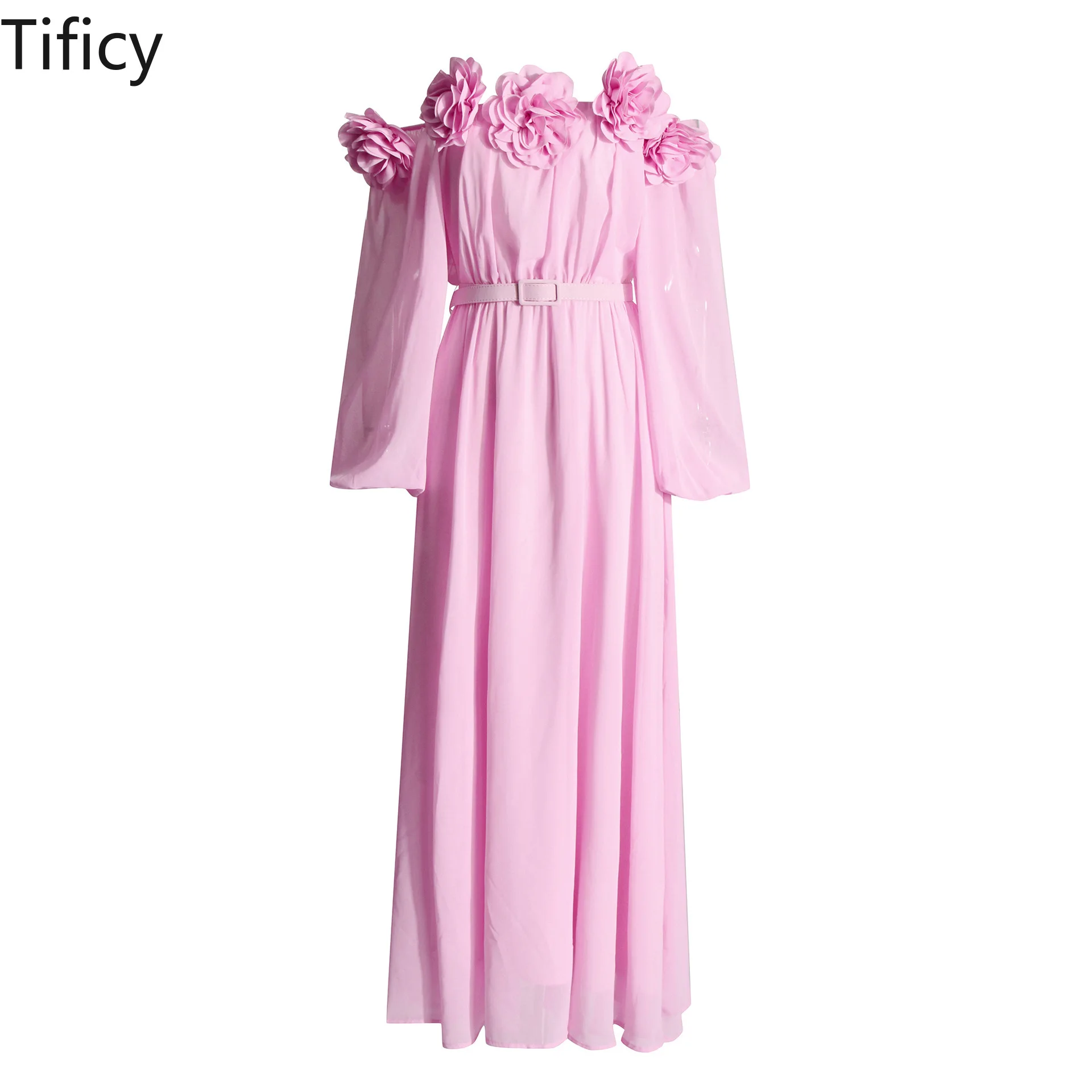 

TIFICY Women's Autumn New Fashionable and Elegant One Shoulder 3D Flower Splicing Design with Lantern Sleeves Long Dress