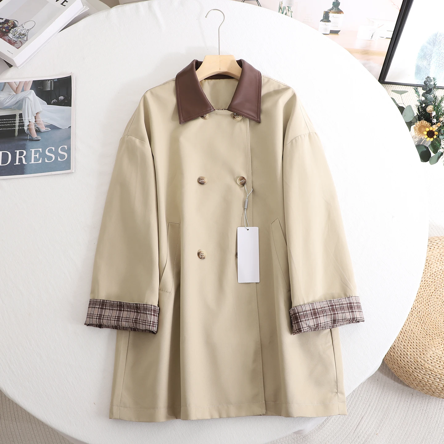 

Корейская ретро бежевая клетчатая ветровка с лацканами для женщин Harajuku, осеннее двубортное пальто средней длины, топы Y2K