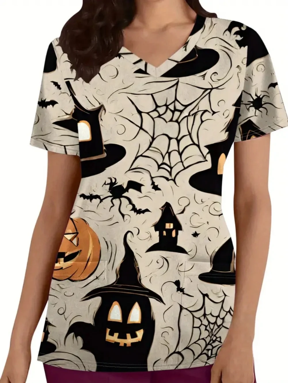 Uniforme chirurgical d'halloween, imprimé fantôme de citrouille mignon, mode d'été, col en v, manches courtes, hauts vétérinaire jaune pour femme, uniformes chirurgicaux