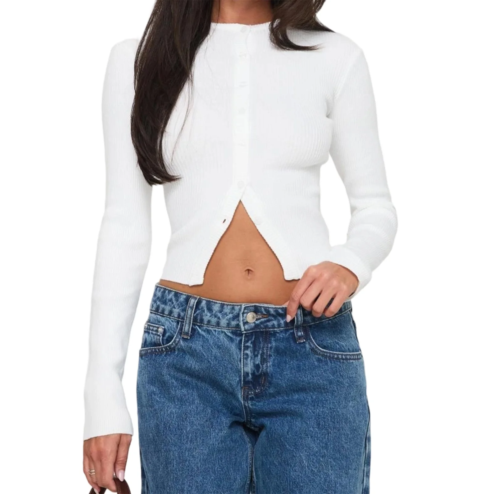 

Women Basic Cardigan Fit Solid Crew Neck Long Sleeve Button-up Knitted Tops Casual Fall Clothes