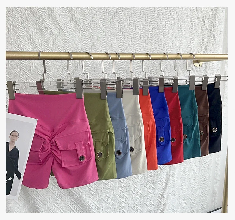 Einfarbige Hot Girl Yoga-Shorts mit hoher Taille, elastisch, bauchkontrollierend, hüftformend, mit Tasche, für Fitness, Laufen, Yoga und Sport. – Detail 10