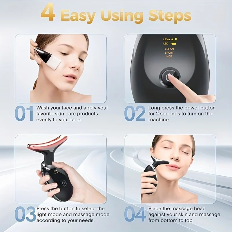 Neck Face Lifting Beauty Device 7 Color LED Phototherapy Vibration Massager USB Rechargeable Skin Tightening Facial Neck Massage
