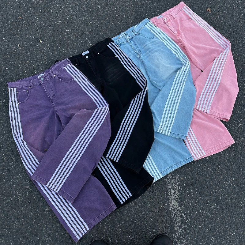 

2025 Y2K Stripe Jeans Men Women Solid Wash Embroidery Pocket Logo Heavy Denim Pants Retro Trend Streetwear Unisex Baggy Track Je
