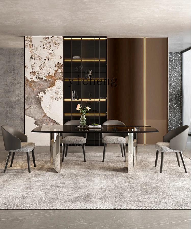 ZC black tempered glass dining table modern simple high-end fashion table stainless steel mirror dining table