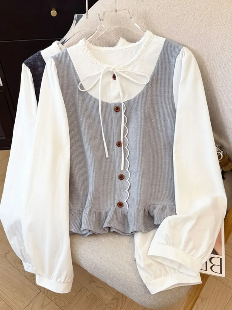 독특한 디자인 감각의 롱 슬리브 러플 트림 벨트 여성용 니트 탑, 봄 가을 겨울용, 달콤하고 루즈핏