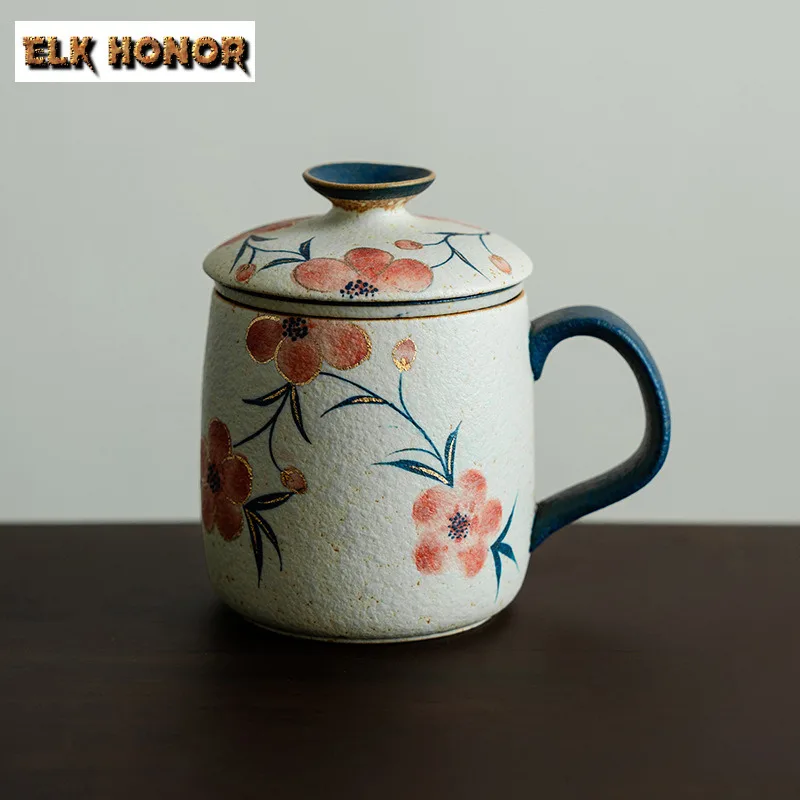 430ml Pure Hand-painted Peach Blossom Filter Tea Separator Cup Ancient Tea Mug with Infuser Household Tea Maker Office Water Cup
