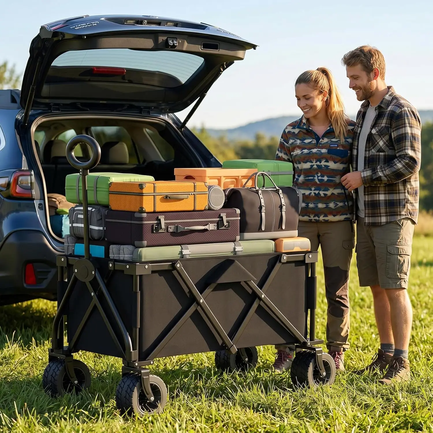 Heavy Duty Folding Wagon Collapsible Cart, 420Lb Capacity, All-Terrain Wheels w/Brakes & Side Pockets (Black), Customized