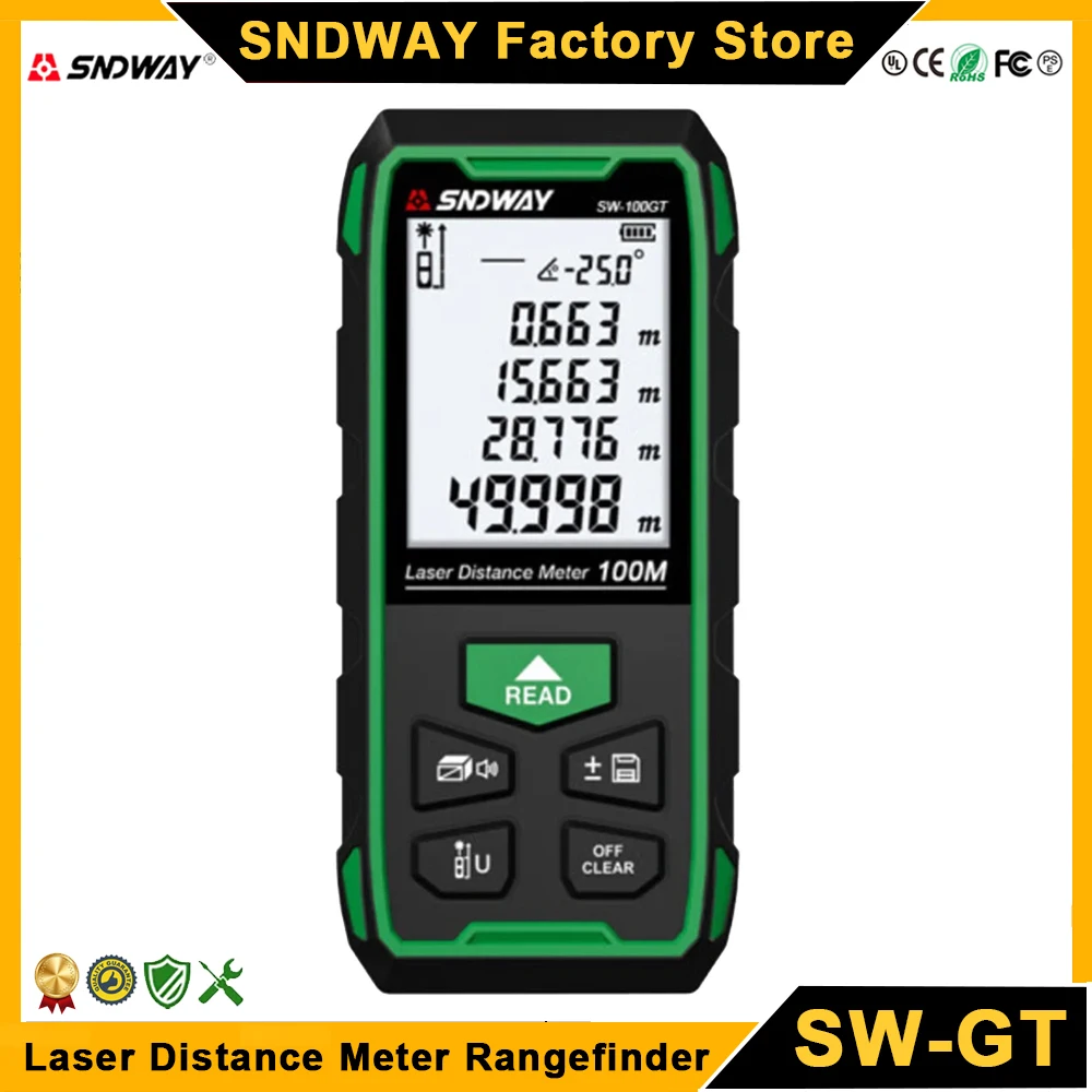 SNDWAY Laser Distance Meter SW 50GT 70GT 100GT Digital Rangefinder Green Laser Professional Range Finder Laser Measure Meter