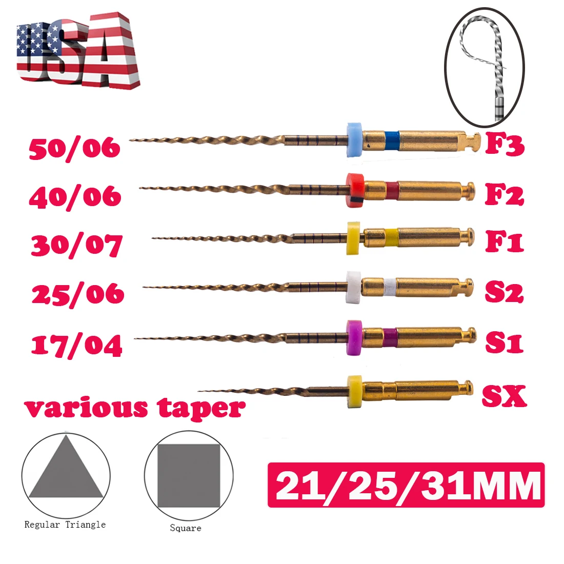 6 uds EASYINSMILE limas rotativas Endo dentales endodoncia x-pro cono dorado SX/S1/S2/F1/F2/F3 puntas de conducto radicular Niti 25/31mm para Motor