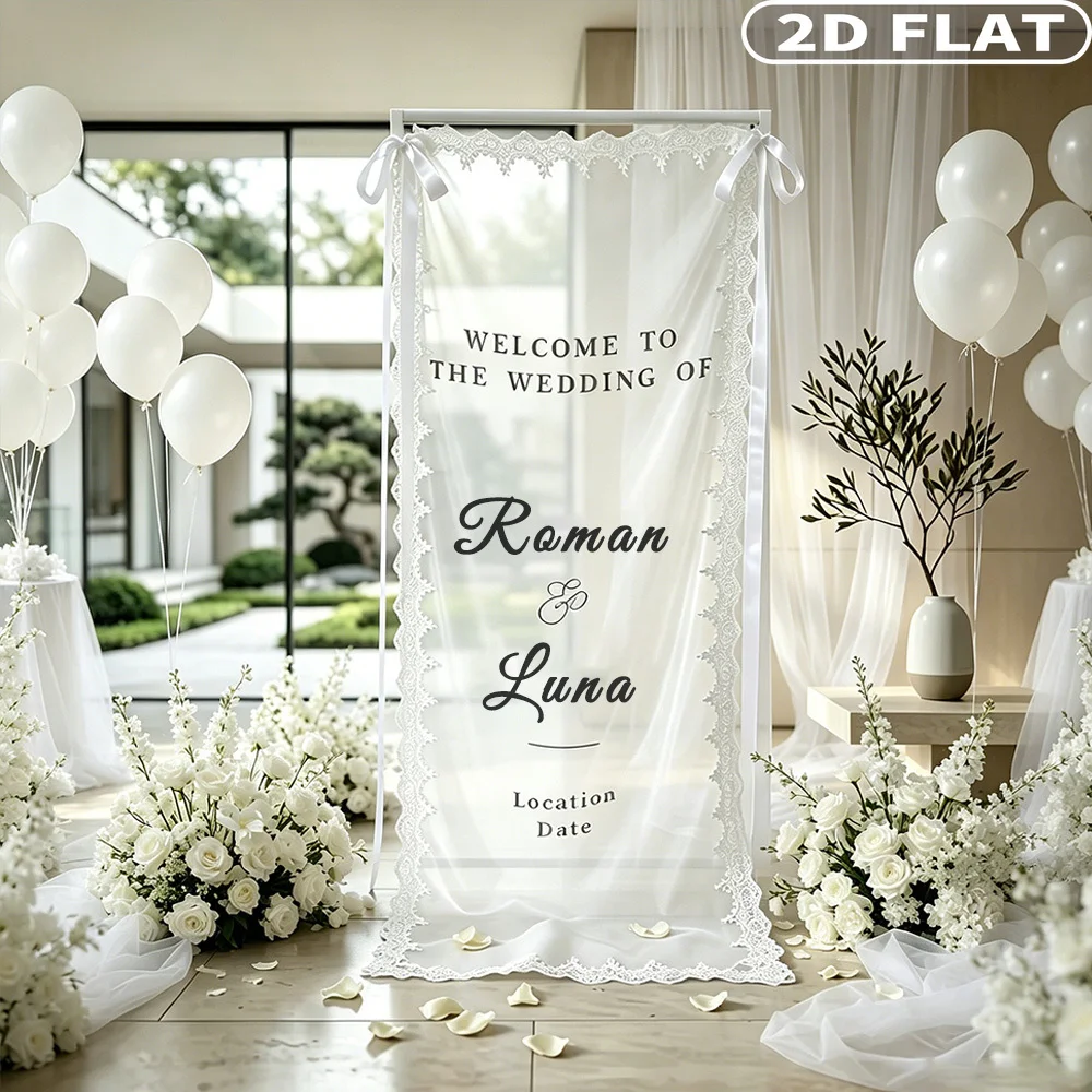 Custom Lace Wedding Welcome Banner, Sheer Tulle Ceremony Banner, Romantic Reception Decor with Ribbon, for Weddings, birthday