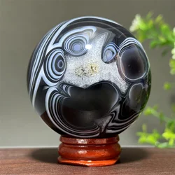Natural Black Agate Quartz Mineral Ball Reiki Healing Witchcraft Chakra Divination Energy Home Feng Shui Decorative Gift+Base