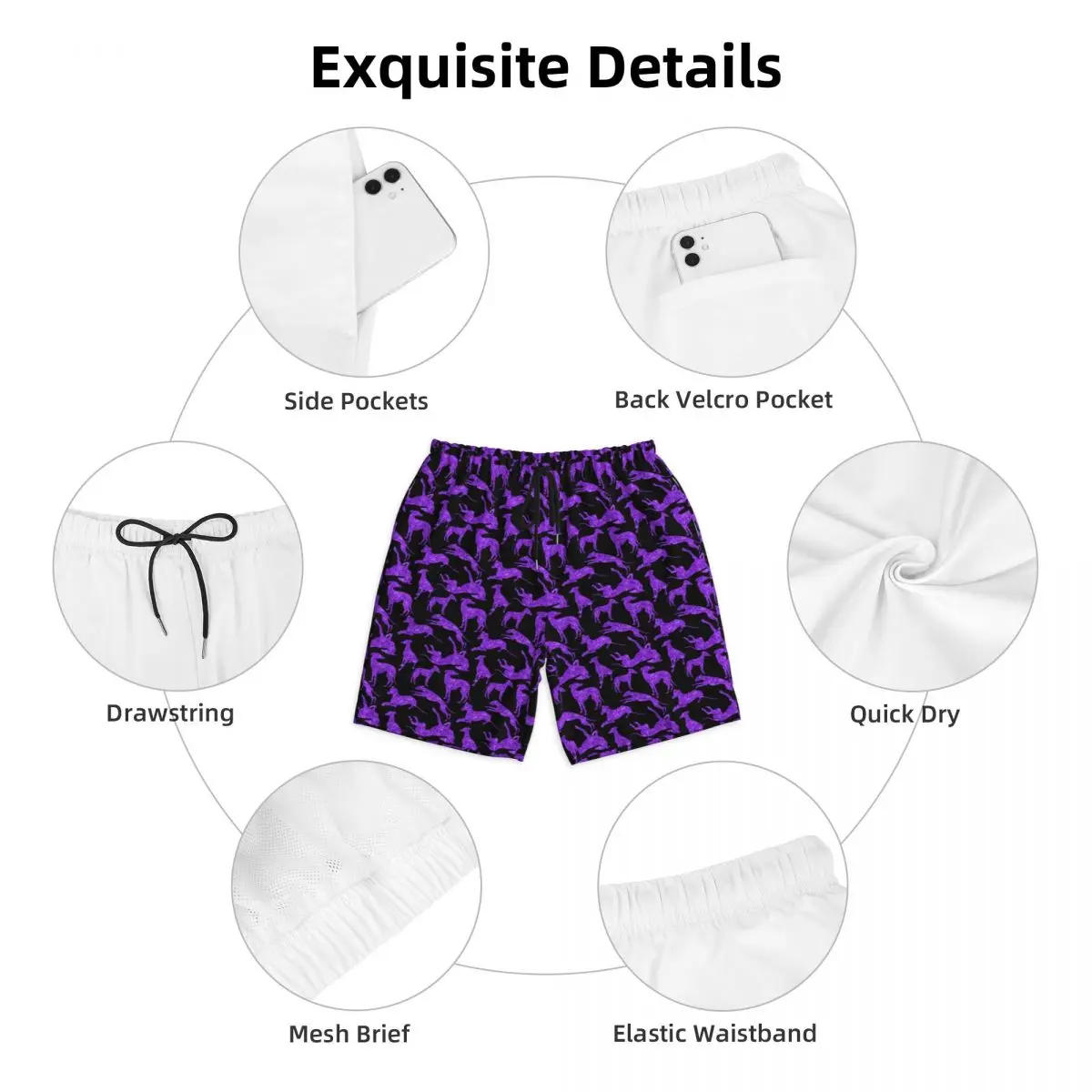 Purple Animal Silhouette Board Shorts Summer Greyhounds Print Hawaii Beach Short Pants Men Running Surf Comfortable Beach Trunks