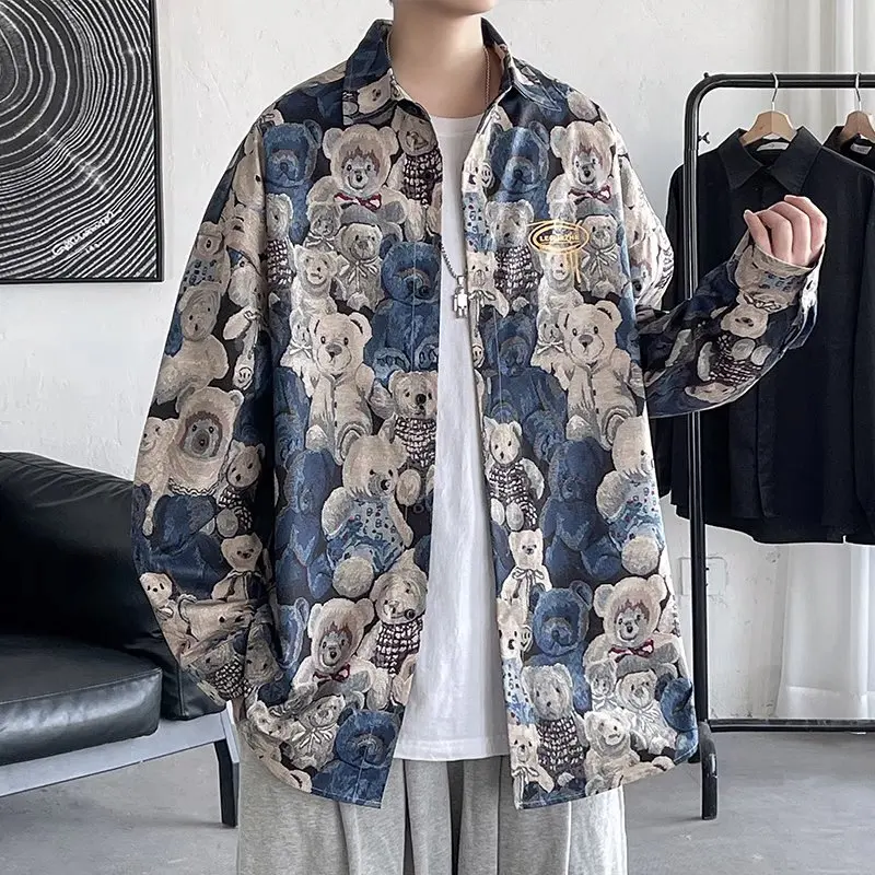 

Autumn Winter Large Size 300 Pou Cartoon Bear Print Men's irt American Retro Long Sve Top Coat Polyester Fabric