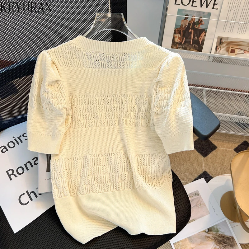 2024 Summer Bubble Short Sleeve Sweater Pullover Knit T-shirt Women\'s Tees French Korean Fashion Hollow Out O-Neck Knitwear Tops