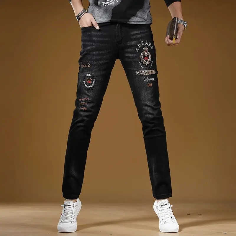 High Quality Men’s Black Stretch Denim Pants,Classic Embroidery Decors Jeans,Slim-fit Korea Version Casual Jeans,Street Jeans .