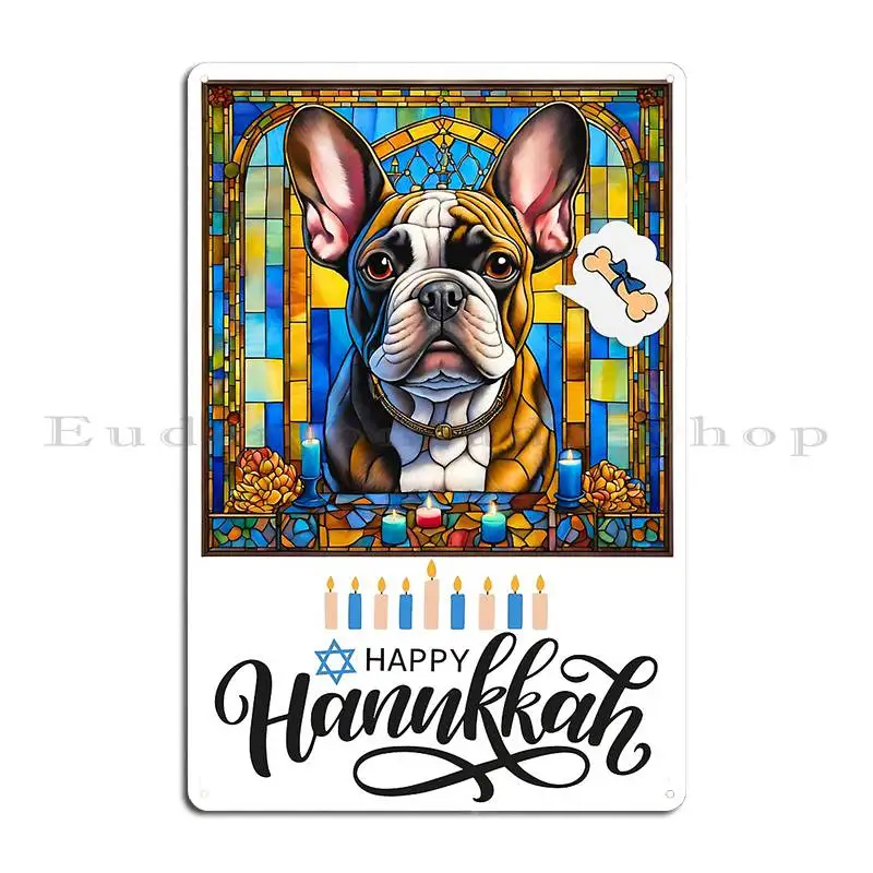 Happy Hanukkah French Bulldog Stained Glass Menorah Art And Holiday Wishes Metal Signs Wall Mural Printing Plaques