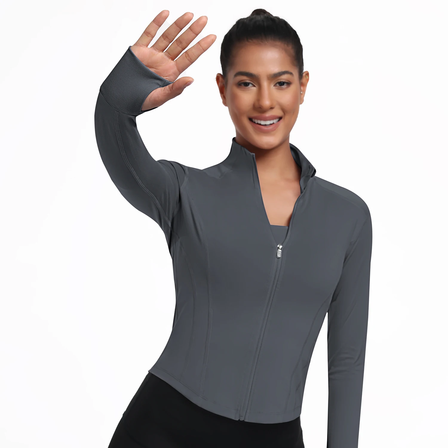 Women's Solid Color Zipper Stand Collar Sports Jacket Long-Sleeved Sports Top Gym Wear Ladies' Sportswear For Indoor and Outdoor view 5
