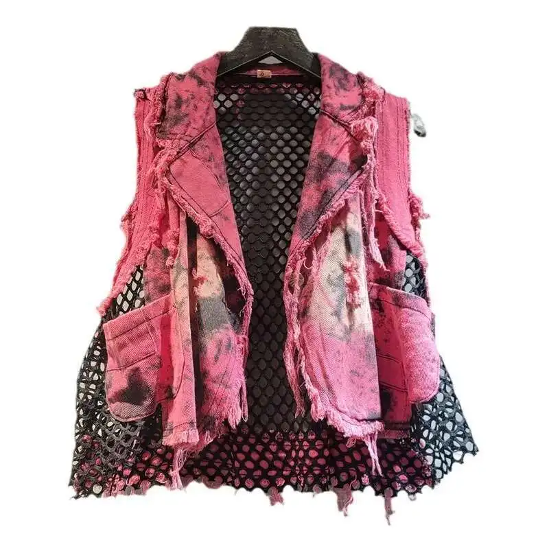 HKSH Personalized Trendy Brand Unique Washed Distressed Denim Vest Women\'s Tide Punk Waistcoat Autumn New Mesh Patchwork HK3121