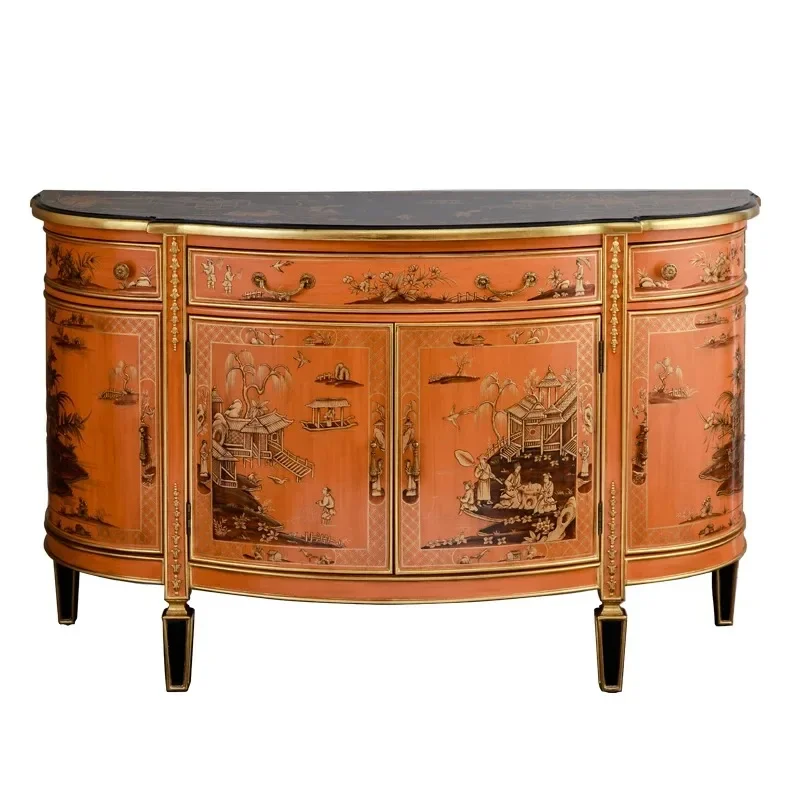 Four door entrance wood carving side table, French living room end table with 3 drawers