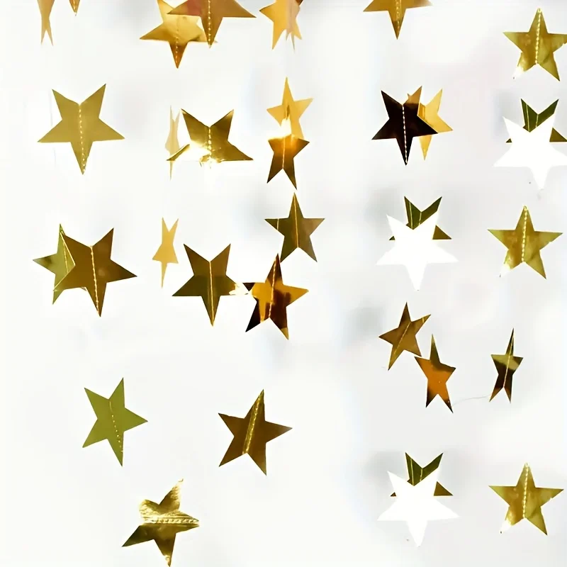Lot de 36 guirlandes à sequins étoiles dorées de 4 m – Nouvelles décorations pour fêtes d'anniversaire et du Nouvel An – Fournitures de festival – Décoration de pièce – Autocollants pentagrammes en papier