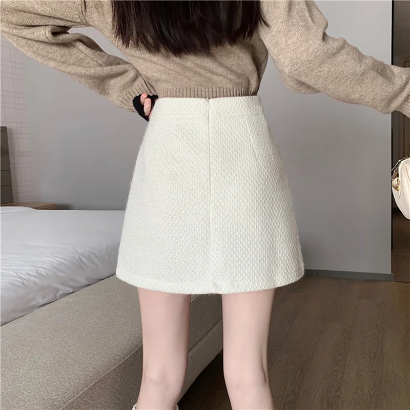 Vrouwen Wollen Sexy Schede Rokken Shiner Slanke A-lijn Rokken Herfst Winter Nieuwe Streetwear Veelzijdige Tweed Korte Rokken